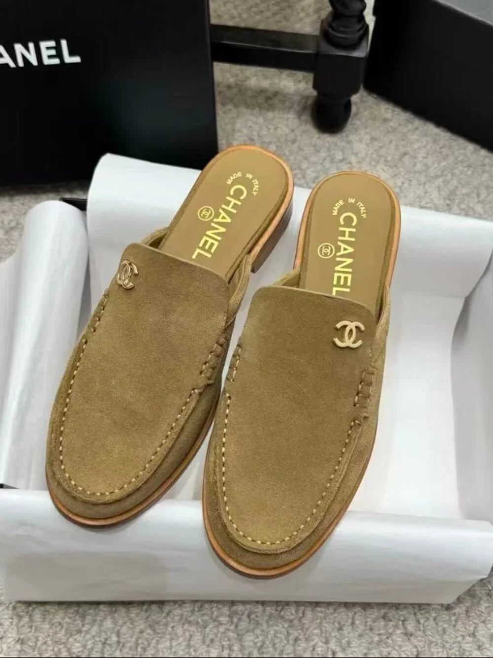 Chanel Khaki Suede Double C Slip On Mule Loafers